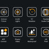 Features of a USB-C inspection camera including 5.0mm/7.0mm lens, 6 LED lights, 72° rotation, flexible snake cable, APP contr