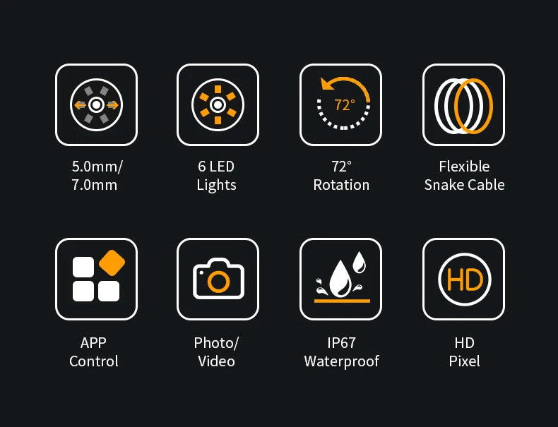Features of a USB-C inspection camera including 5.0mm/7.0mm lens, 6 LED lights, 72° rotation, flexible snake cable, APP contr