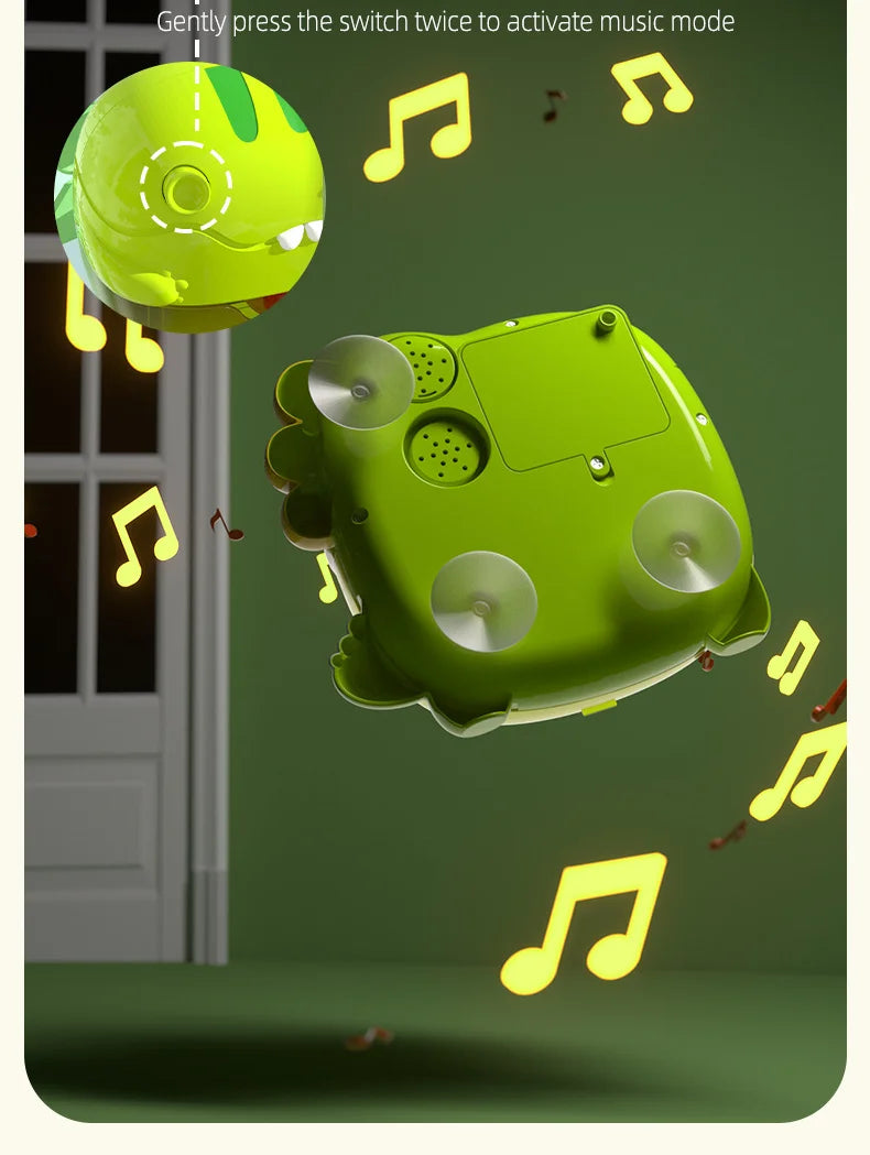 A green dinosaur bubble machine floats in the air with musical notes surrounding it.