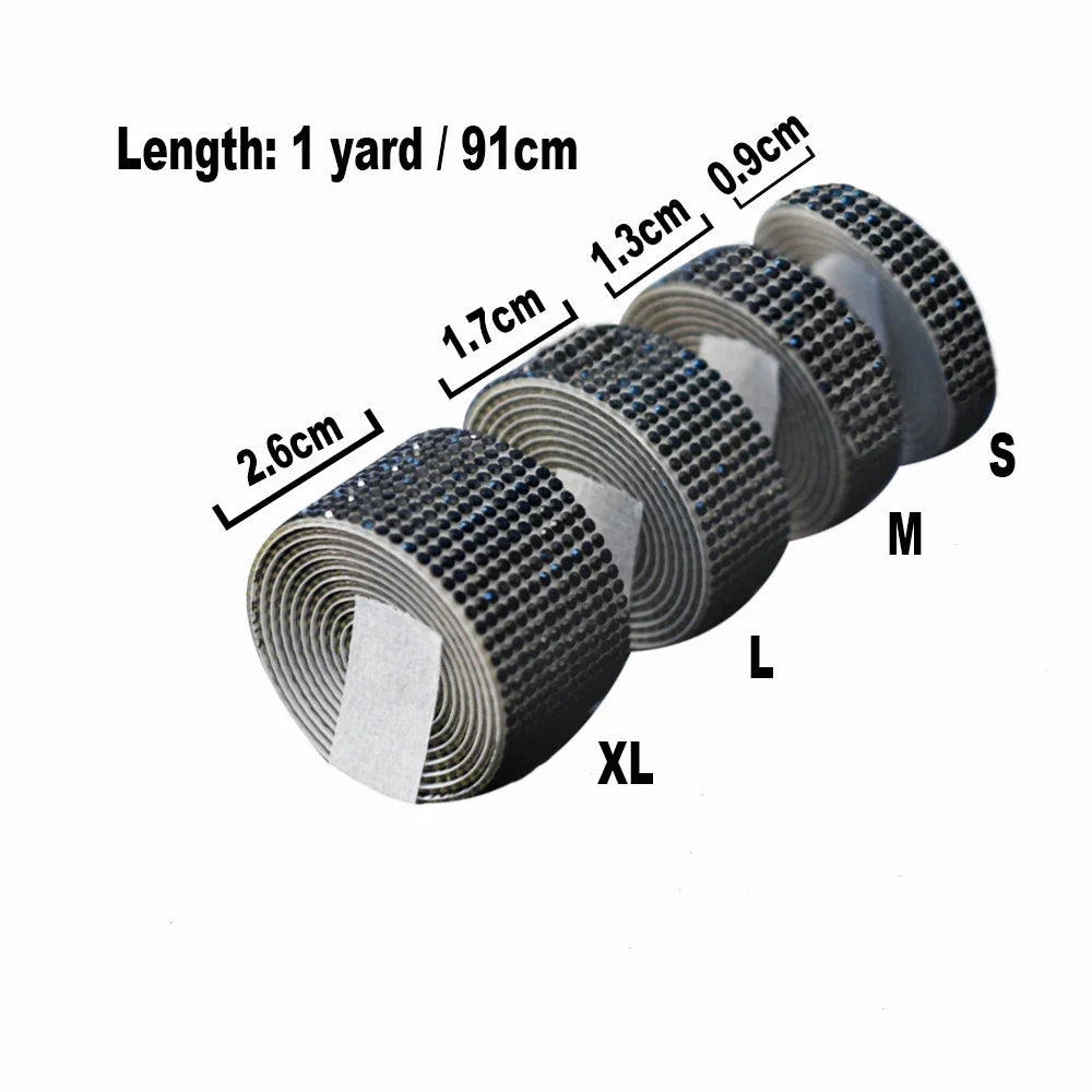 Rolls of black crystal rhinestone ribbon stickers in various lengths labeled S, M, L, and XL with corresponding measurements.