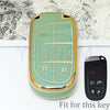 A light green TPU car key fob cover with panic and unlock buttons, shown next to a black version.
