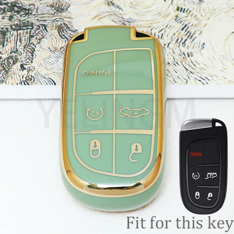 A light green TPU car key fob cover with panic and unlock buttons, shown next to a black version.