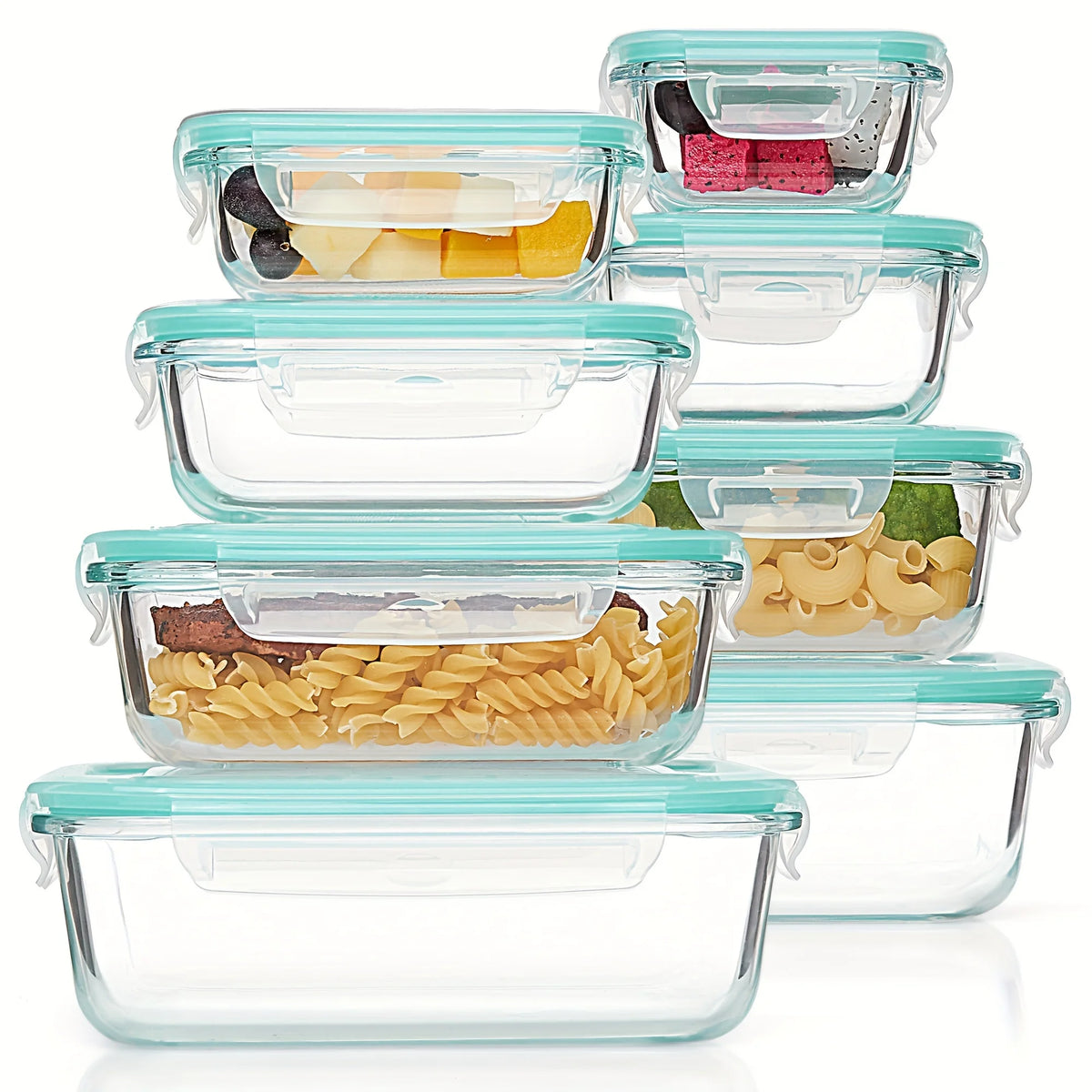 A stack of eight clear glass food storage containers with light blue lids, showing various foods inside.