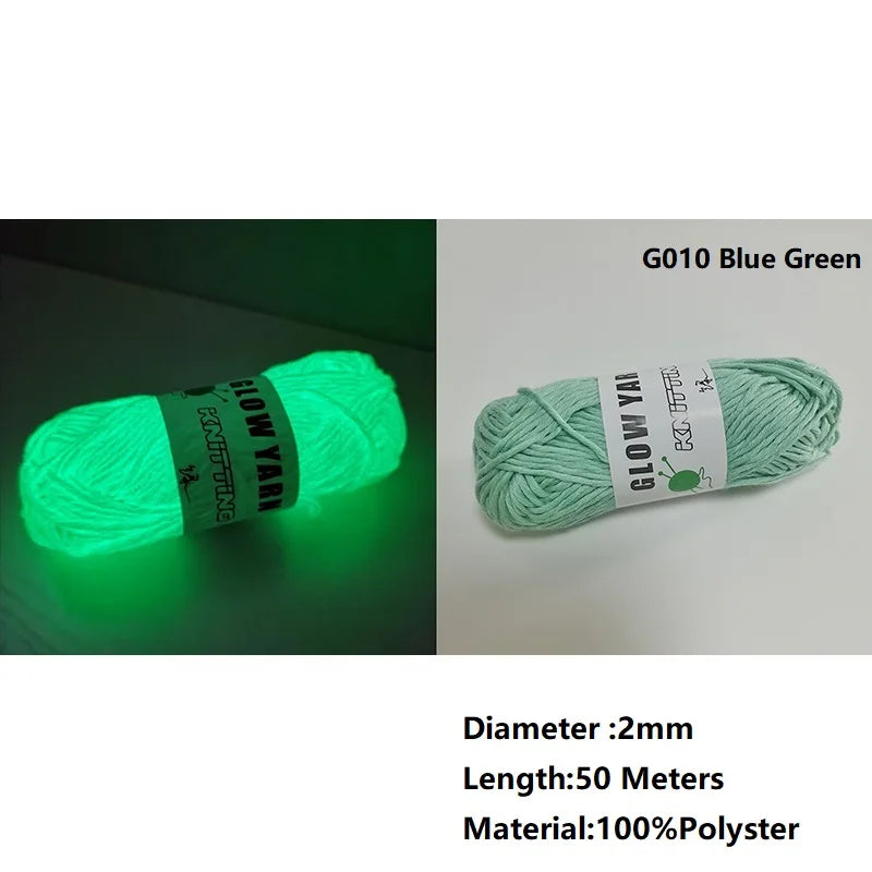 Green glow-in-the-dark polyester yarn skein with a label showing diameter length and material details
