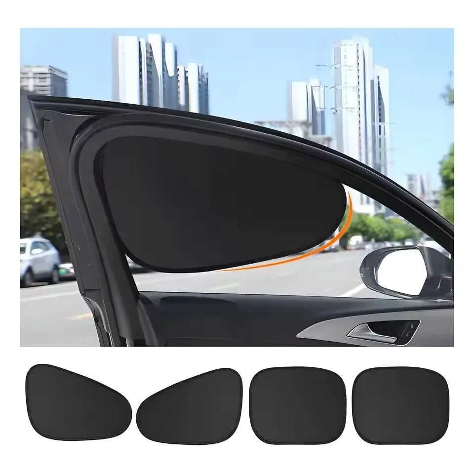 Black static cling car sunshade for side windows with UV protection shown on a car door frame.