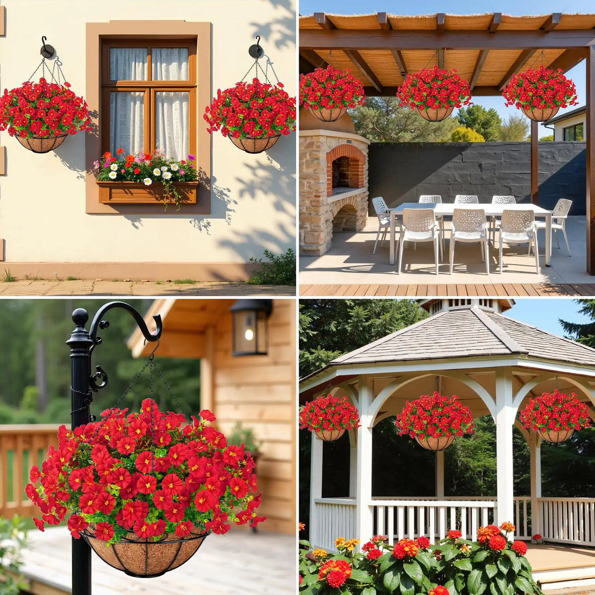 Red artificial morning glory flowers hanging in baskets on a stucco wall and a wooden porch.