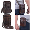 A brown vintage genuine cowhide leather crossbody sling bag shown in various angles and contexts.