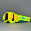 A pair of neon yellow safety goggles with a lime green frame and the text NAFEIB on the side.