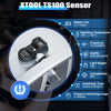 Close-up view of an XTOOL TS100 sensor device with specifications and battery life details.