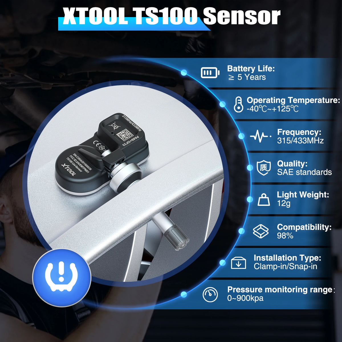 Close-up view of an XTOOL TS100 sensor device with specifications and battery life details.