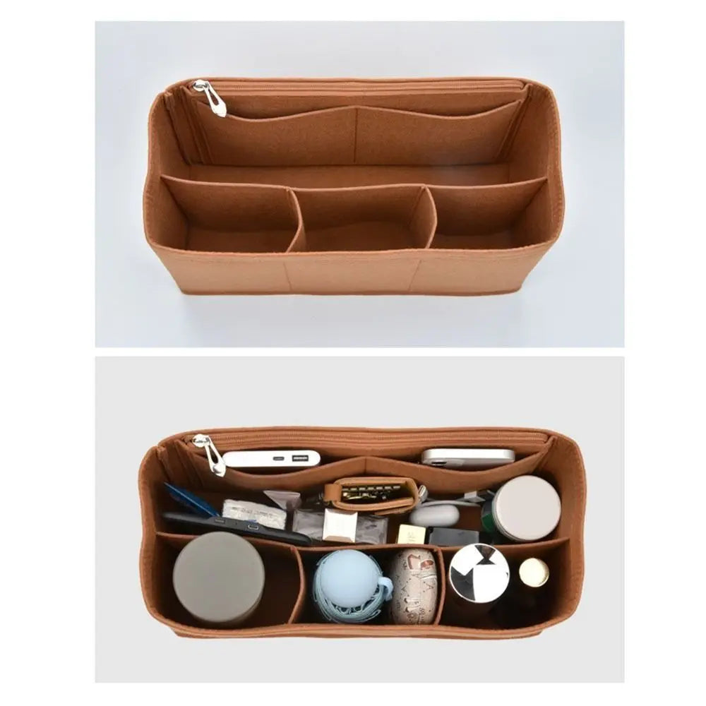 A brown felt insert liner designed to organize and protect items inside a handbag.