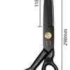 A pair of black professional heavy-duty fabric shears for tailoring and leatherwork shown with dimension markings.