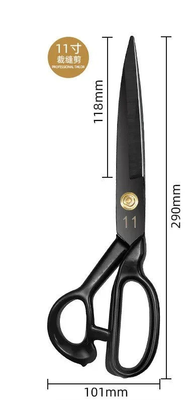 A pair of black professional heavy-duty fabric shears for tailoring and leatherwork shown with dimension markings.