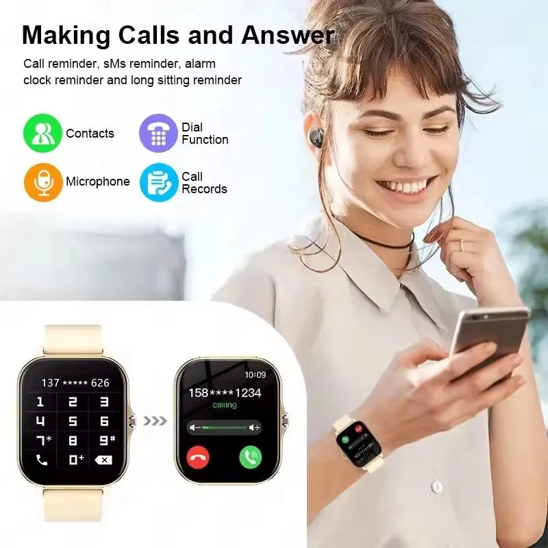Eine Frau benutzt eine Smartwatch mit vollberührbarem Display, um Anrufe zu tätigen und entgegenzunehmen.