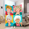 Pop art style blanket featuring four portraits of the Golden Girls women in vibrant colors
