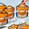 Orange and blue cartoon backpack goodie bags for kids party favors shown in various styles