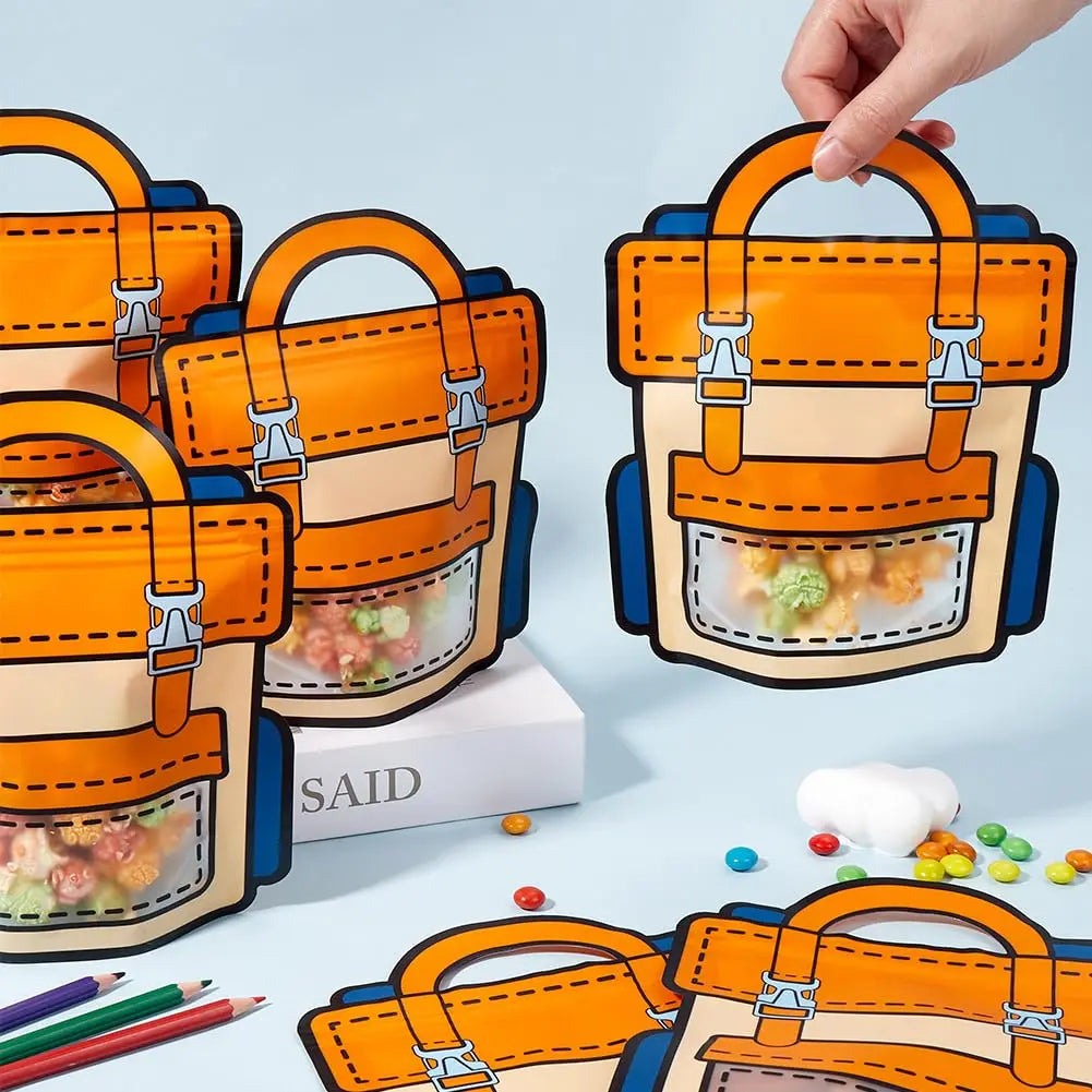 Orange and blue cartoon backpack goodie bags for kids party favors shown in various styles