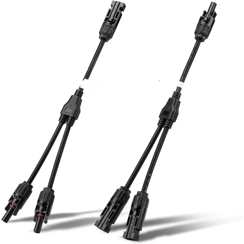A set of two Y-Branch parallel solar panel connectors for electrical wiring.