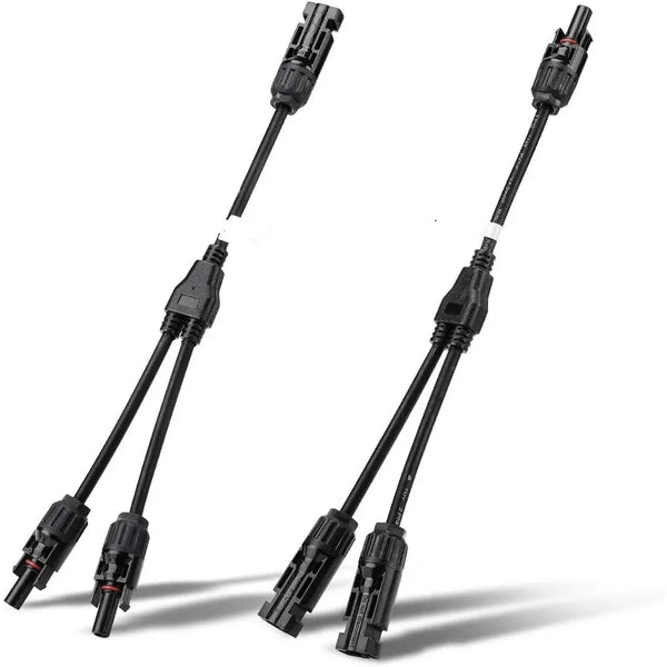 A set of two Y-Branch parallel solar panel connectors for electrical wiring.