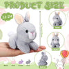 A gray mini plush bunny toy is shown from the side, front, and back views, demonstrating its size.