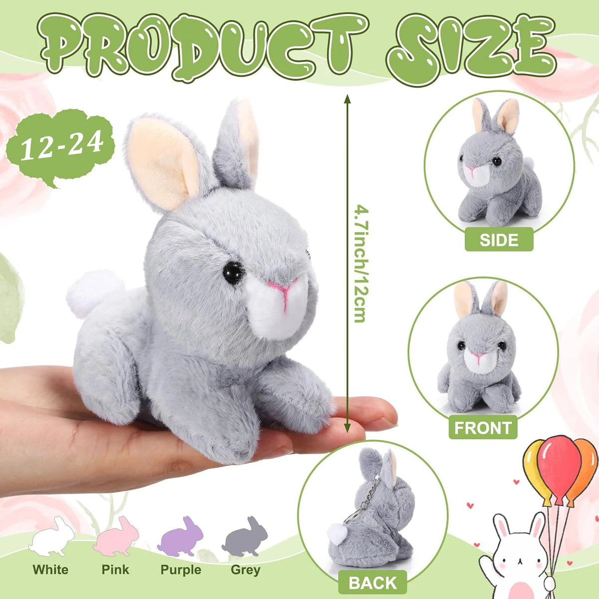 A gray mini plush bunny toy is shown from the side, front, and back views, demonstrating its size.
