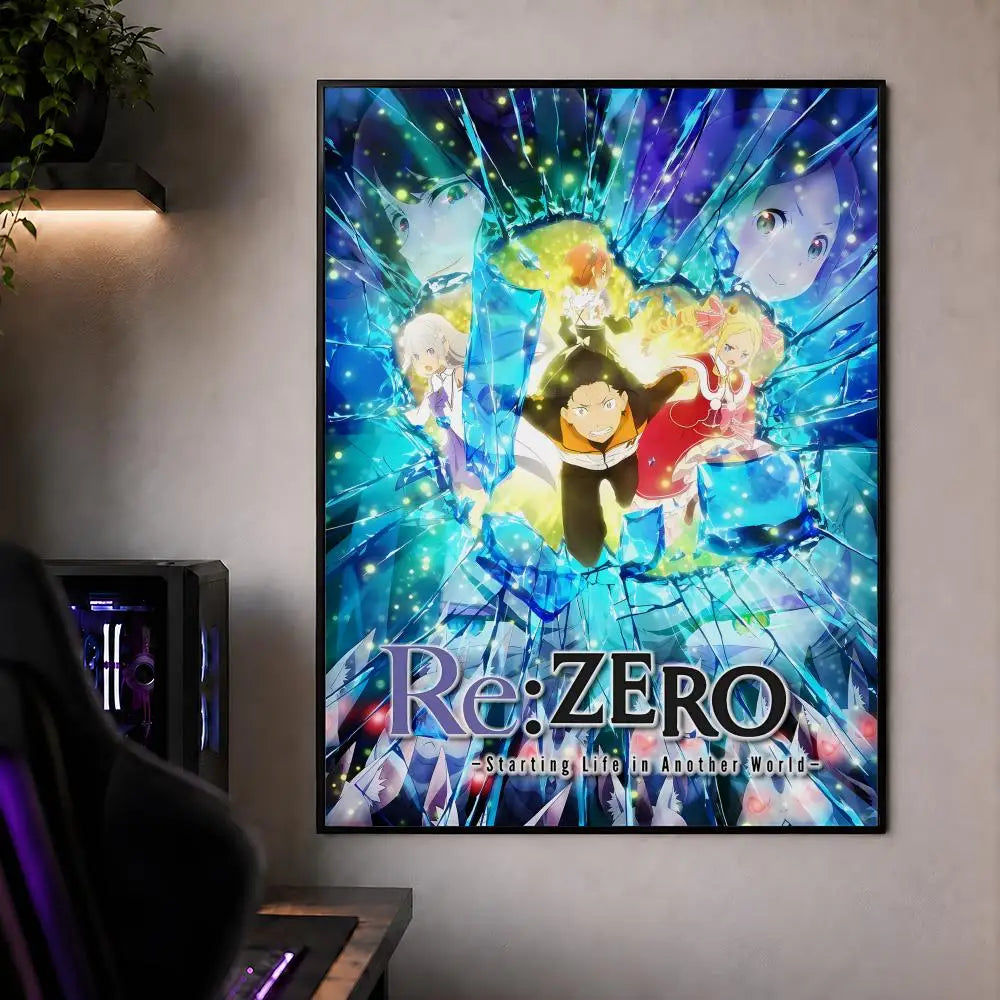 A vibrant poster featuring characters from Re:Zero with a sparkling, icy background.