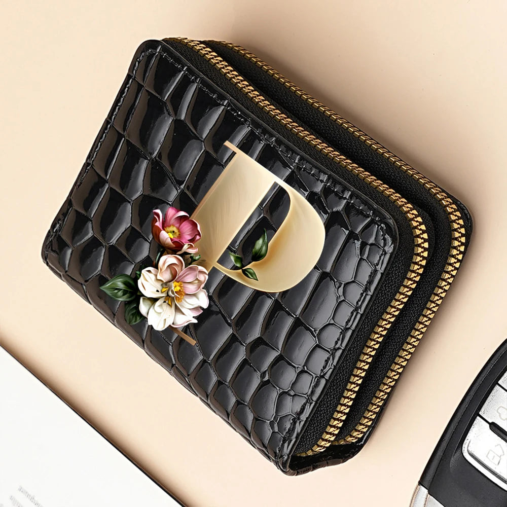 Alphabet Flower Double-Zip Card Wallet with Secure Clasp