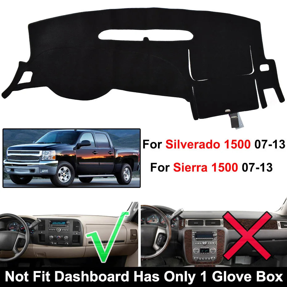Black custom-fit dashboard cover for Silverado and Sierra 1500 trucks and SUVs