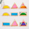 Set of rainbow wooden acrylic building blocks shaped like triangles and arches in various colors