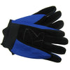 A pair of full finger nylon riding gloves in black and blue with anti-slip grip.