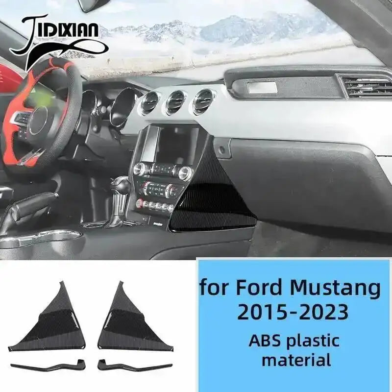 Carbon fiber grain decorative trim kit for Ford Mustang 2015-2023 featuring black trim pieces