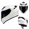 White full face motorcycle helmet with black visor and removable liner