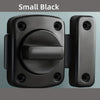 A small black heavy-duty swivel bolt door lock is shown in a close-up view.