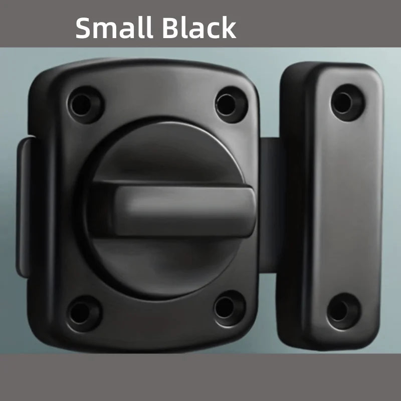 A small black heavy-duty swivel bolt door lock is shown in a close-up view.