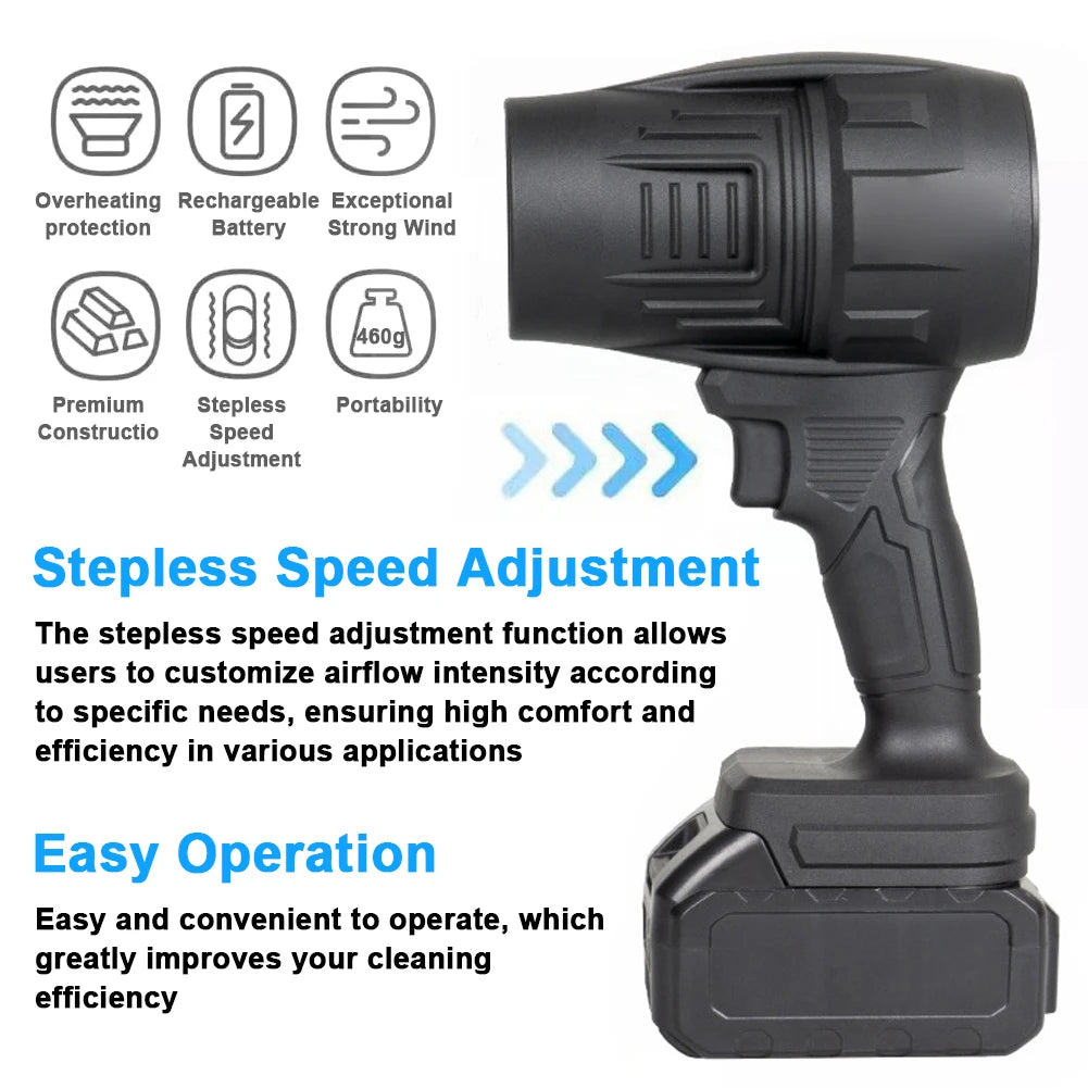 Black handheld jet fan with stepless speed adjustment features for efficient cleaning and comfort