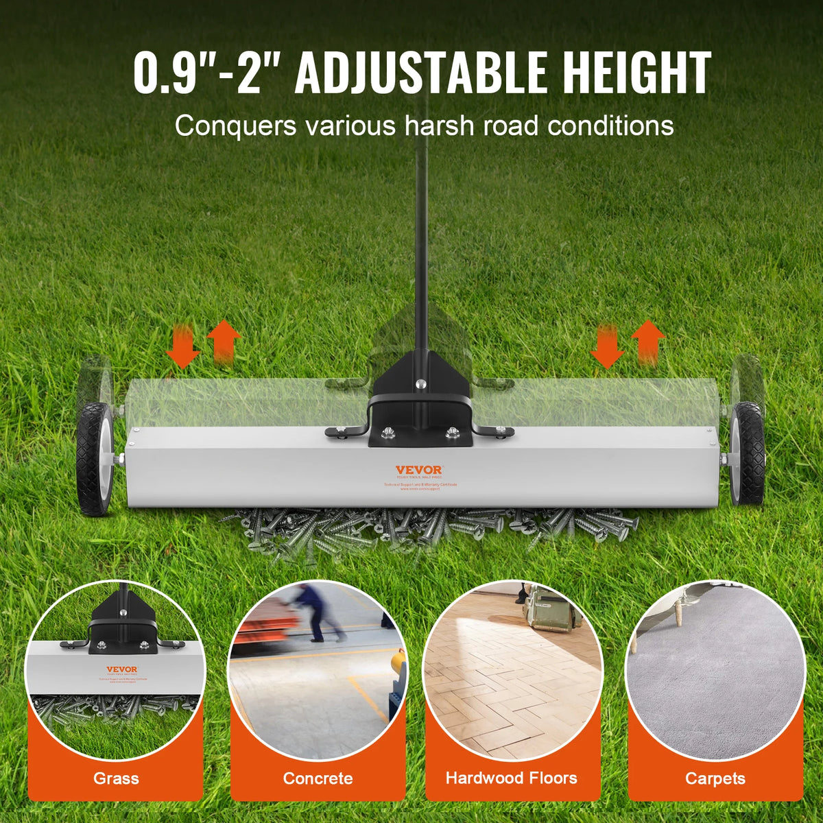 A white rolling magnetic sweeper with an adjustable height mechanism shown operating on grass, concrete, hardwood floors, and