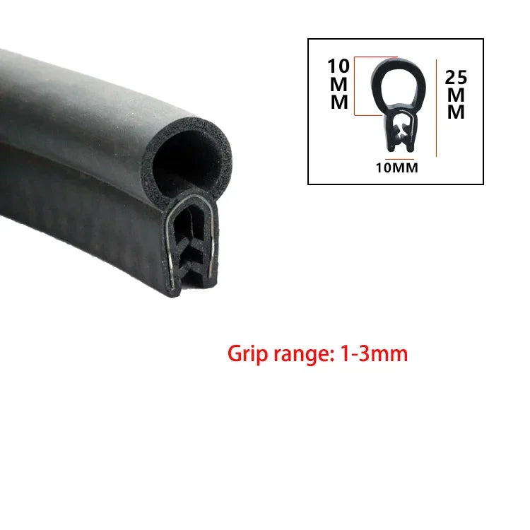 Black U-shaped EPDM rubber edge trim with a metal hook for grip