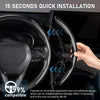 A hand installs a carbon fiber pattern steering wheel cover with an anti-slip grip in a car interior.
