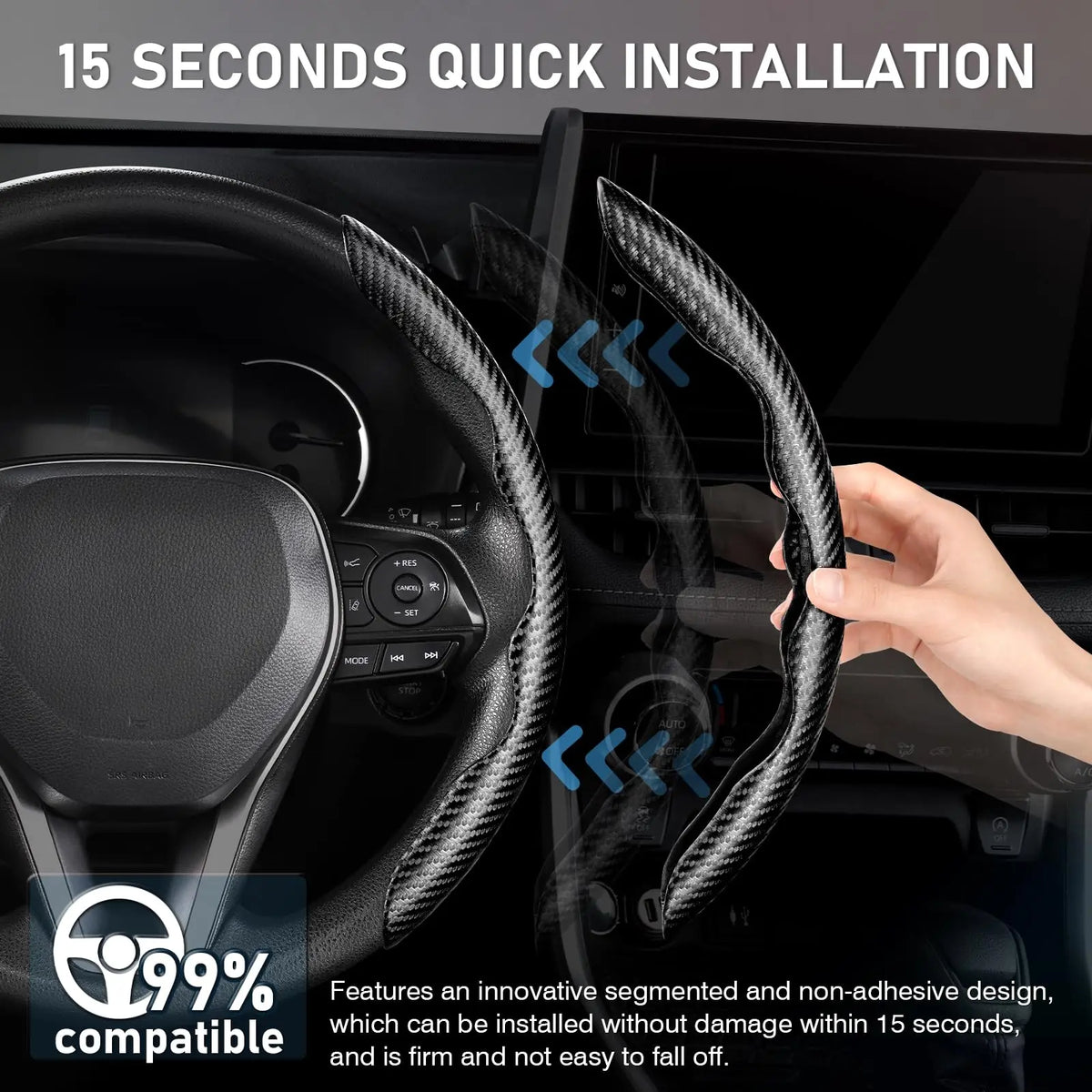 A hand installs a carbon fiber pattern steering wheel cover with an anti-slip grip in a car interior.