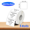 Roll of thermal label paper showing various food labels like chocolate brownie and cookie