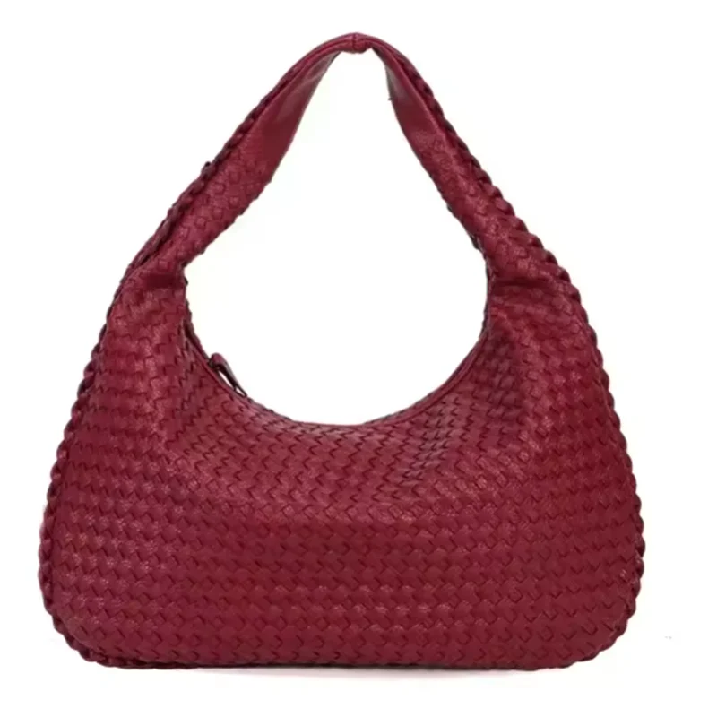 A deep burgundy vegan leather woven hobo bag shown from the front.