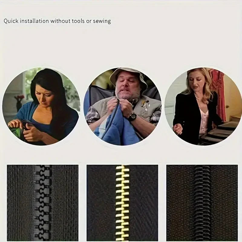 Trois personnes démontrent l'installation rapide de tirettes de fermetures éclair détachables sur sacs et vêtements.