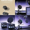 Magnetic wireless car charger mount with a foldable arm and vacuum suction for various angles.