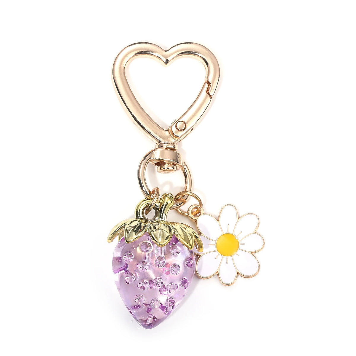 Clochette-charm en forme de cœur doré avec fraise scintillante rose et violette et une fleur de marguerite blanche