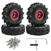 Set of four black metal beadlock wheels with tires and mounting hardware for an RC crawler