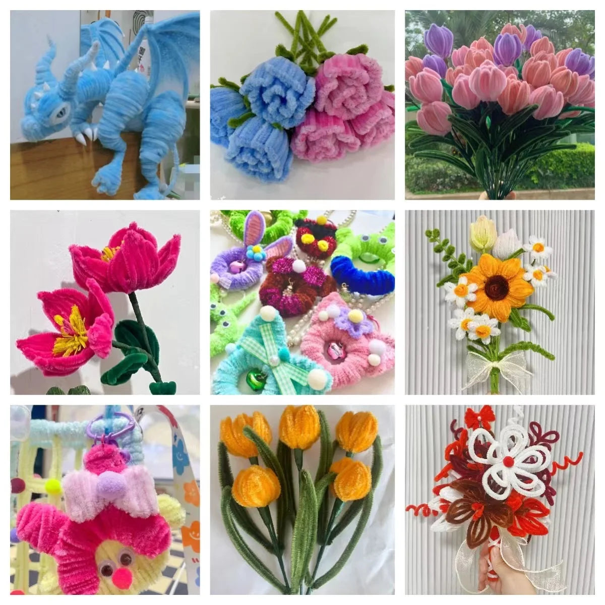 A collection of colorful chenille craft stems and floral arrangements for DIY projects.