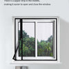 A side zipper mosquito screen window installed in a white frame, showing a view of green foliage outside.