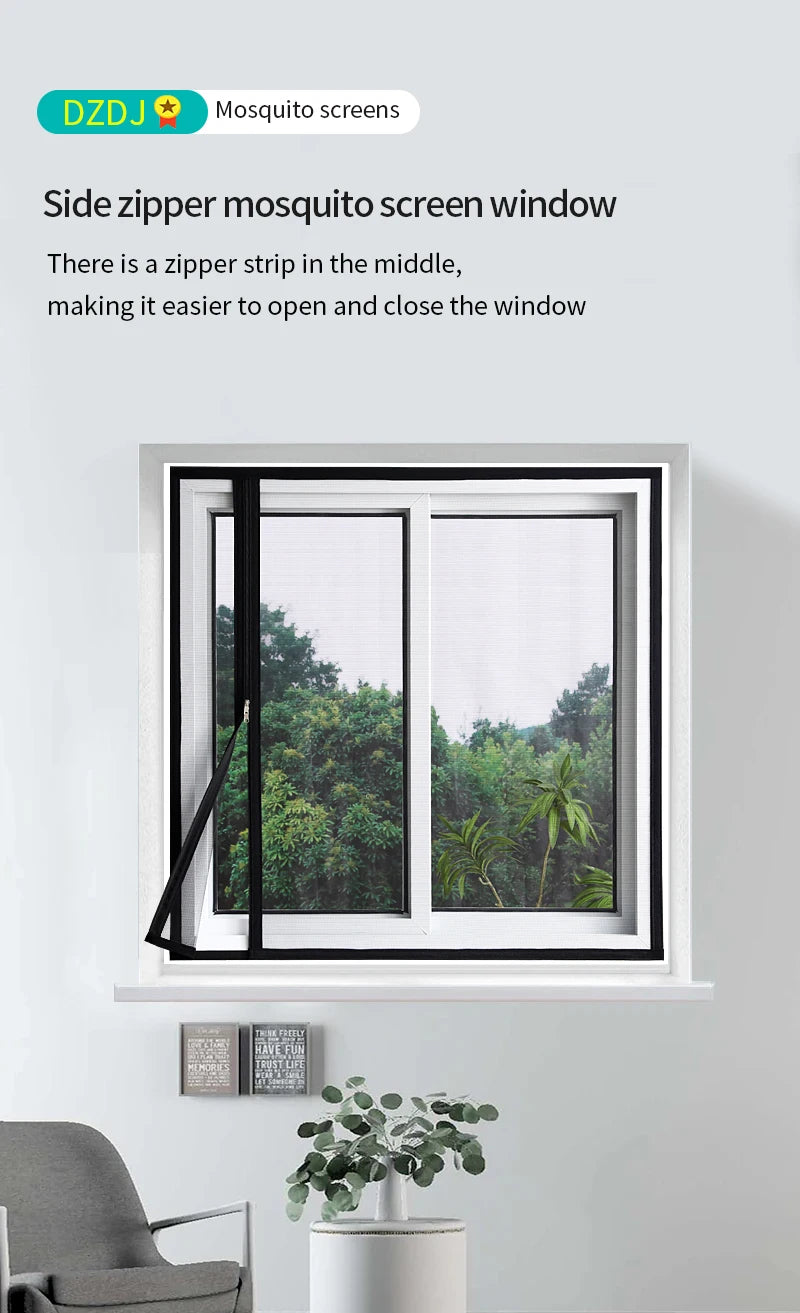 A side zipper mosquito screen window installed in a white frame, showing a view of green foliage outside.