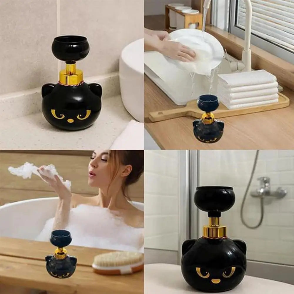 A black cat paw shaped foam soap dispenser is shown in various contexts, including on a counter and near a sink.