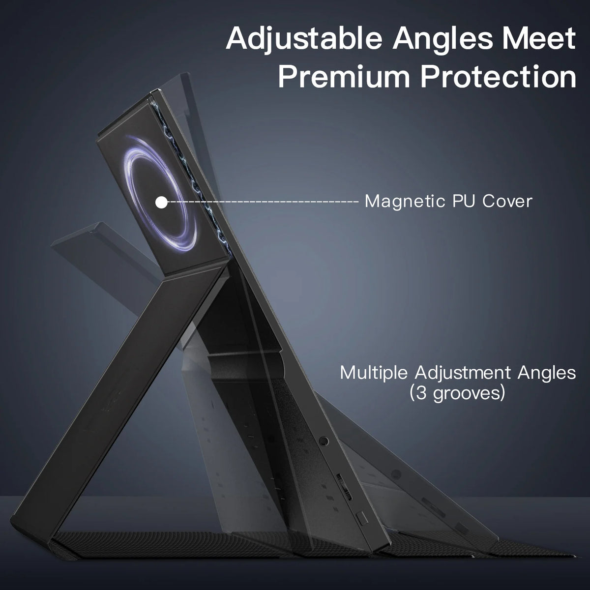 Schwarzer tragbarer Monitor mit verstellbarem magnetischem PU-Cover und mehreren Einstellwinkeln.